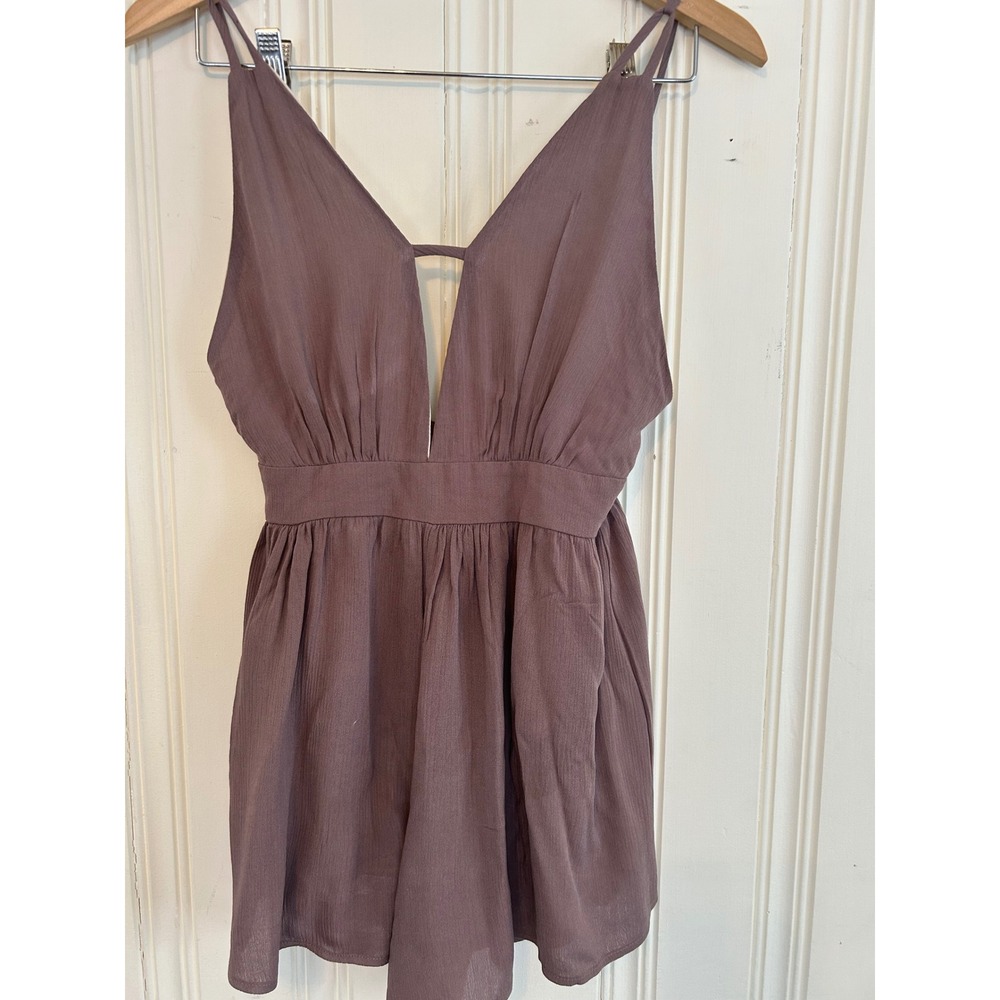 NWT Mahina Hawaii Romper Taupe Brown Deep V Neck Small Resort Vacation Boutique - Picture 2 of 10